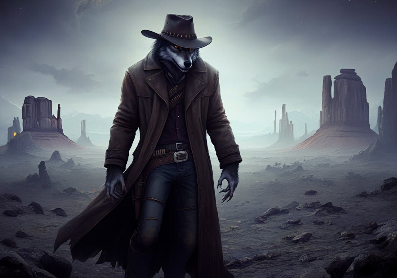 Lone Cowboy Werewolf in Post-Apocalyptic Landscape