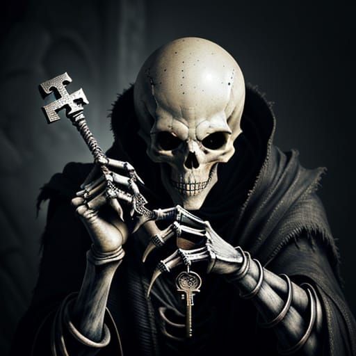 Skeleton Holds Ancient Key in Sepia Tones