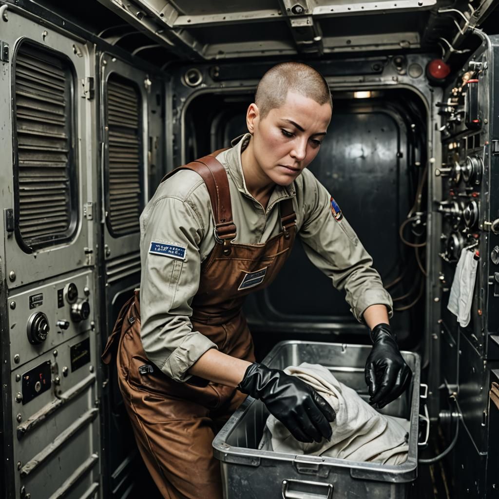 Exhausted Worker Doing Laundry on Spacefreighter