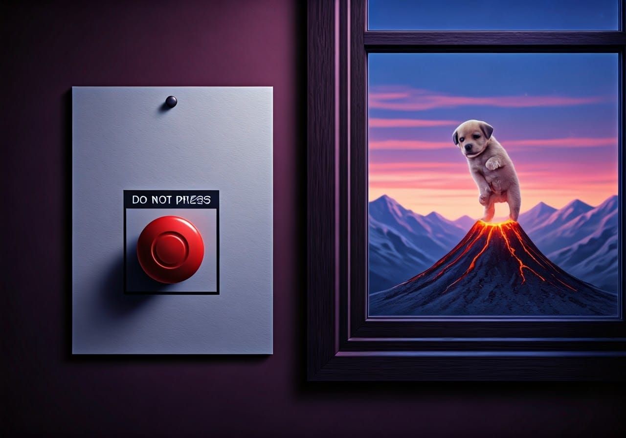 Vibrant Neon Warning in Whimsical Landscape