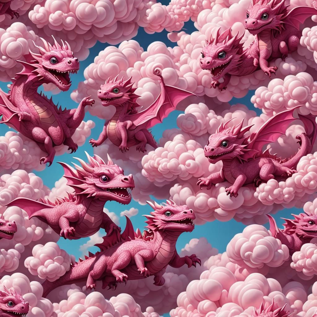 Pink Baby Dragons in Swirling Candy Clouds