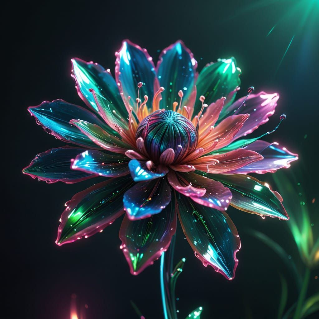 Metallic Flower in Neon Lights: Hyperrealistic Digital Art