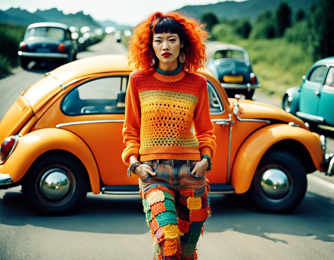 Boho Punk Woman Hitchhiking in Summer