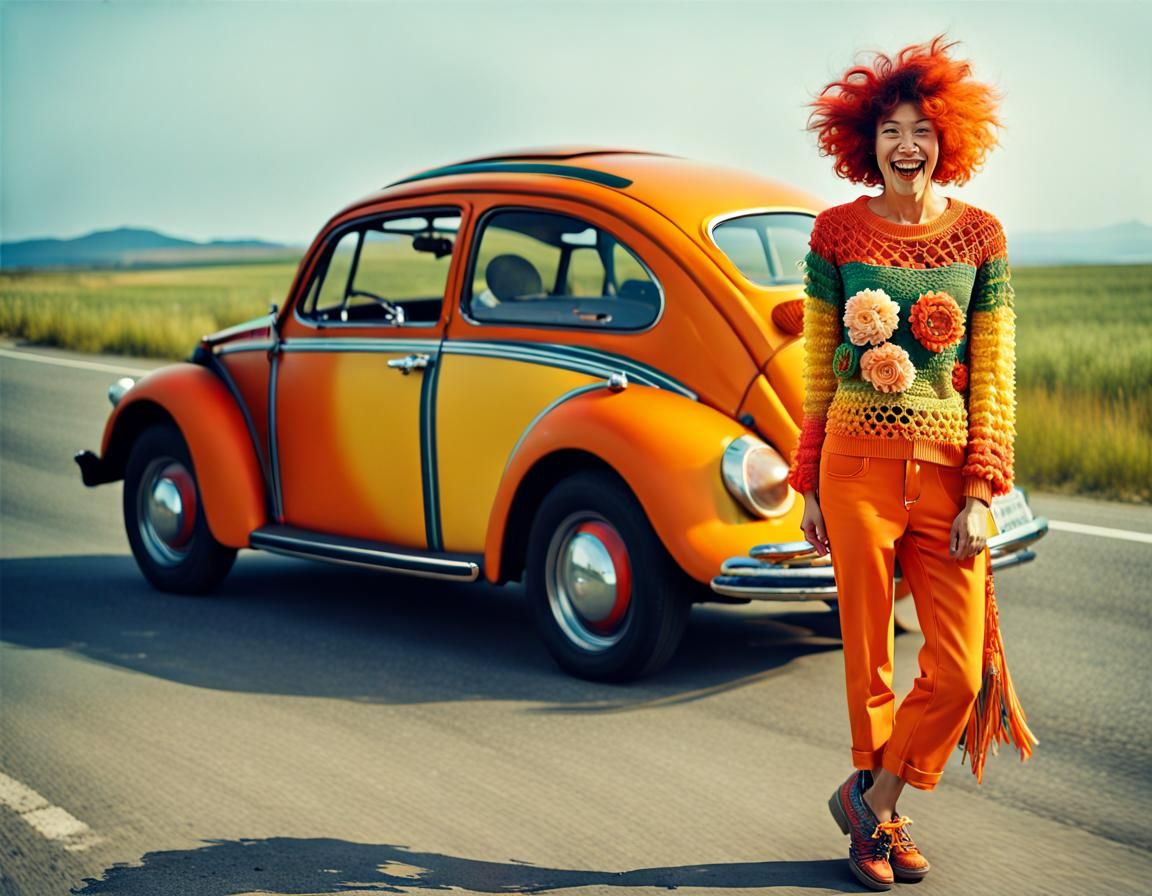 Boho Punk Woman Hitchhiking in Summer