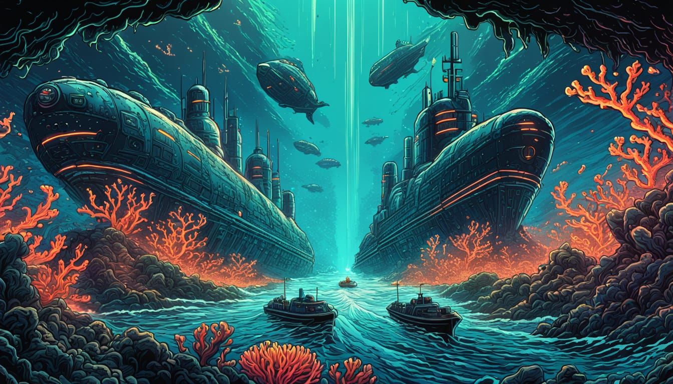 Underwater Submarine Chase in Comic Book Style