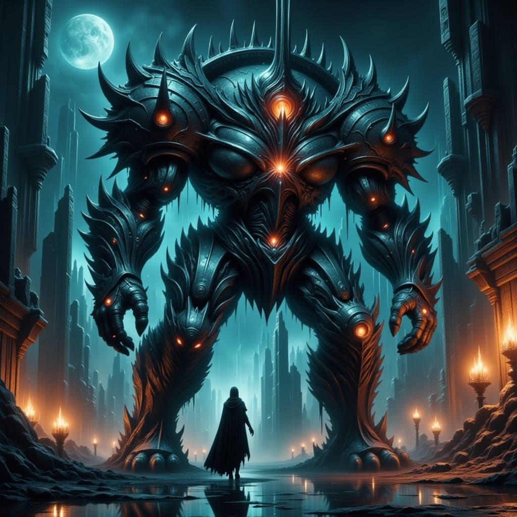 Armored Knight Before a Biomechanical Doorway