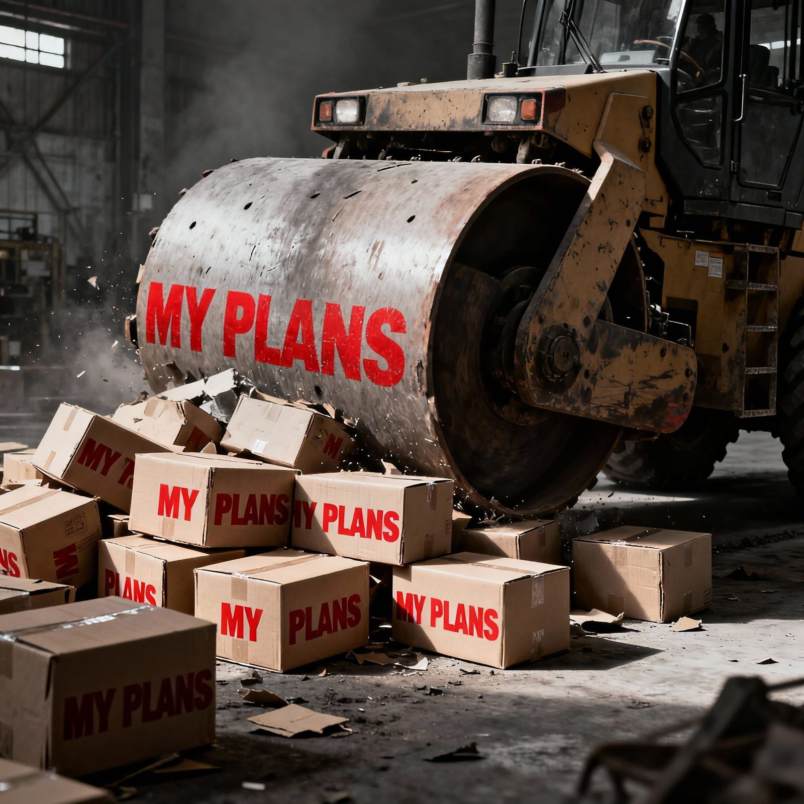 Steamroller Crushes 'My Plans' Boxes in Industrial Style