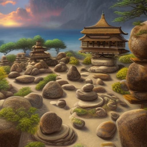 Elaborate Zen Rock Garden in Detailed Matte Painting
