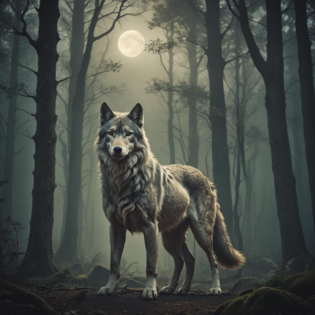 Extraterrestrial Wolf Centaur in Moonlit Forest