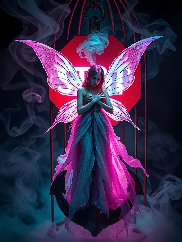 Ethereal Fairy Trapped in Cage with Anchor