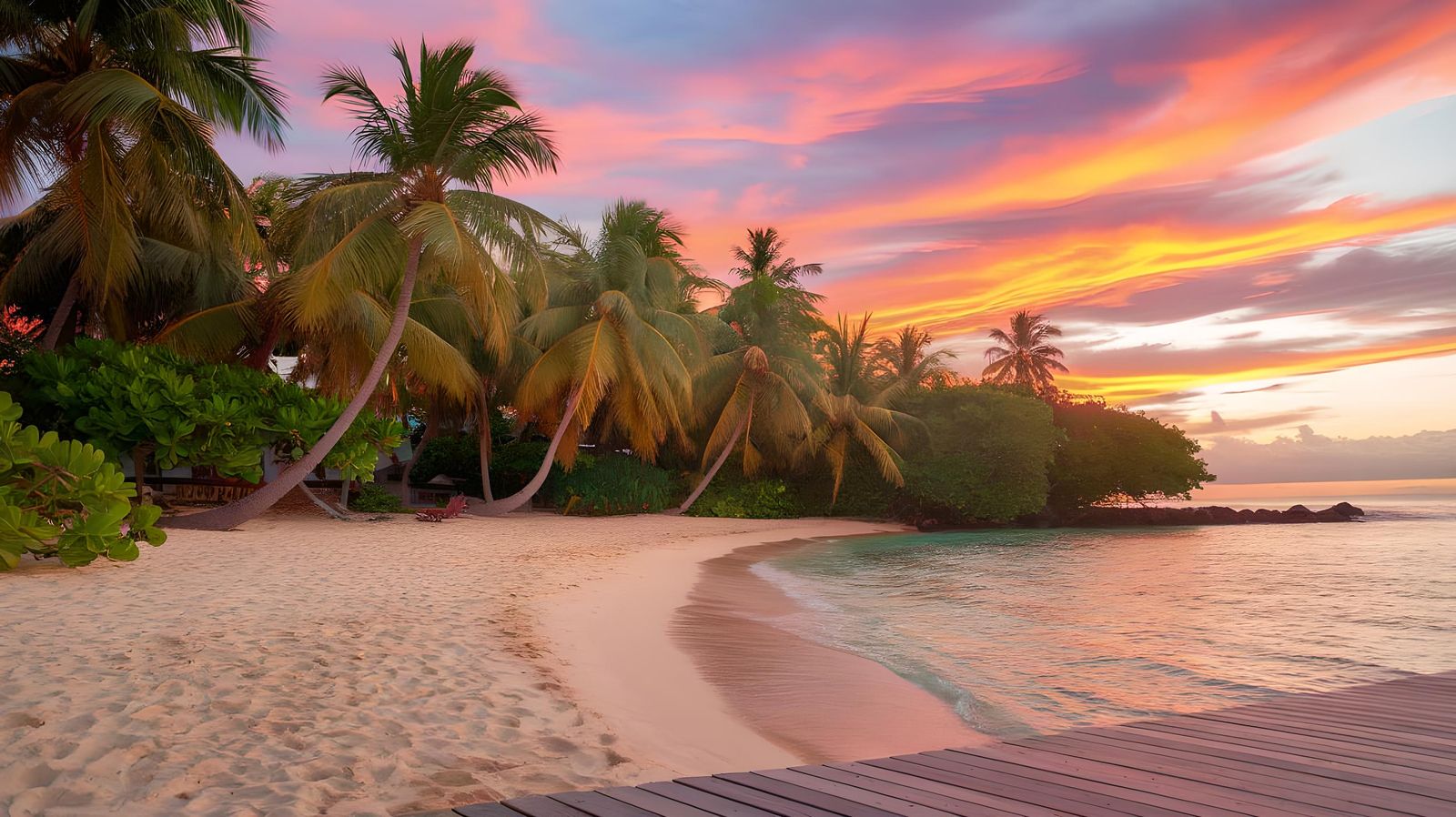 Tropical Beach at Sunset with Palm Trees