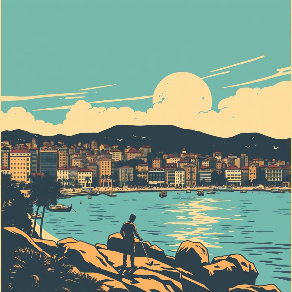 Retro Costa Azul Cityscape in Vintage Serigraphy Style