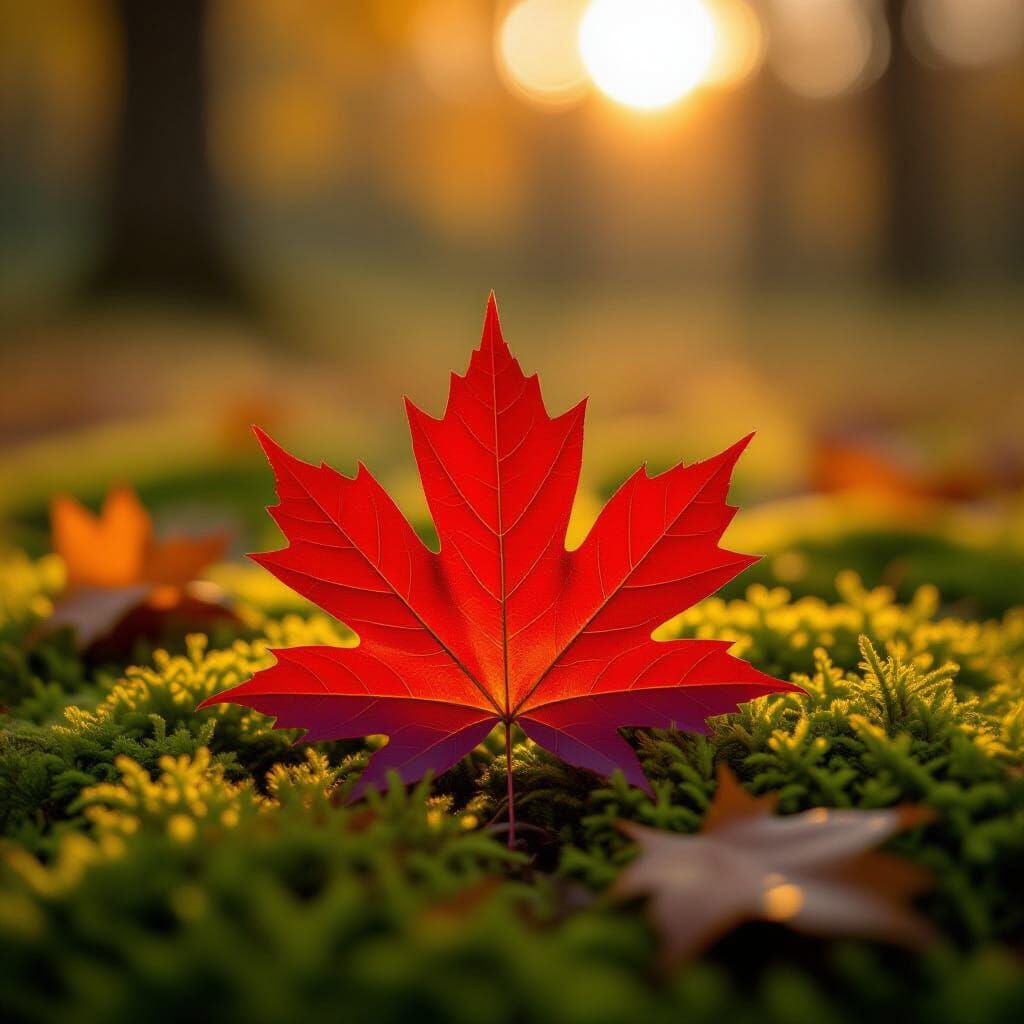 Red Maple Leaf on Mossy Forest Floor Photo