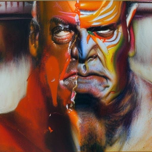 Visceral Head Surrounded by Beef as Oil Painting