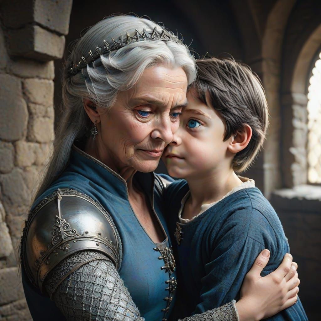 Medieval Queen's Tender Moment in Dark Castle