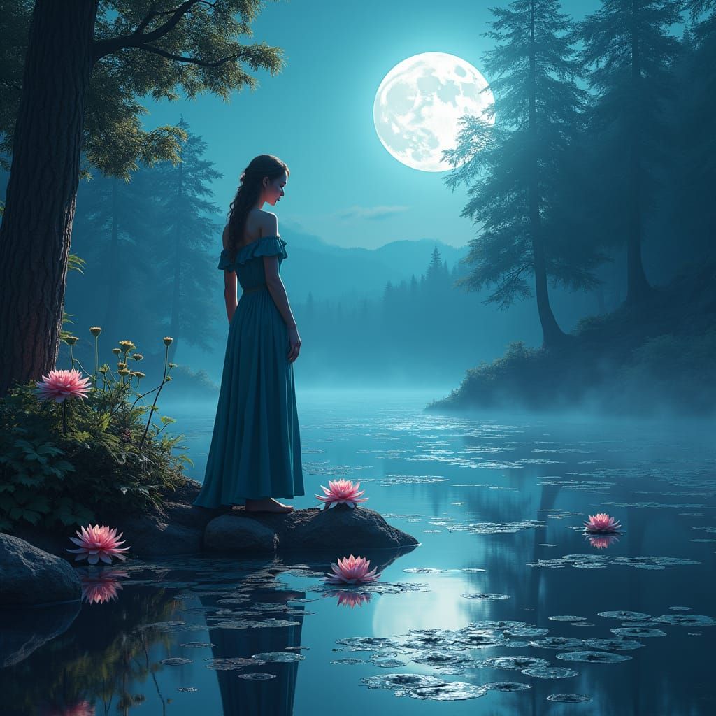 Mystical Woman at Moonlit Lake in Digital Art