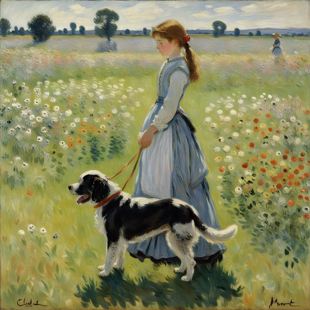 Girl and Dog in Meadow: Impressionist Style