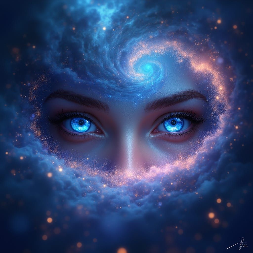 Mystical Sapphire Eyes in Cosmic Vortex Digital Painting