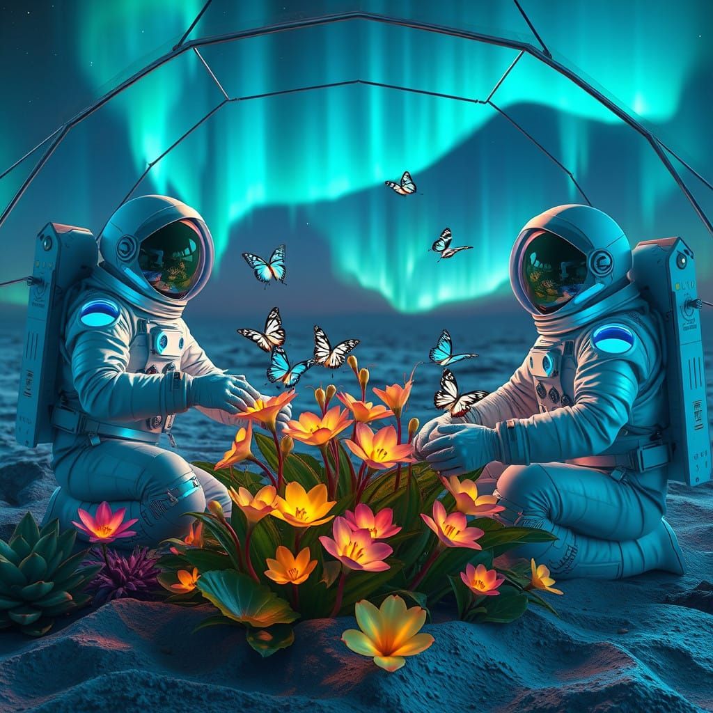 Astronauts Tend Lunar Garden in Whimsical Geodesic Dome