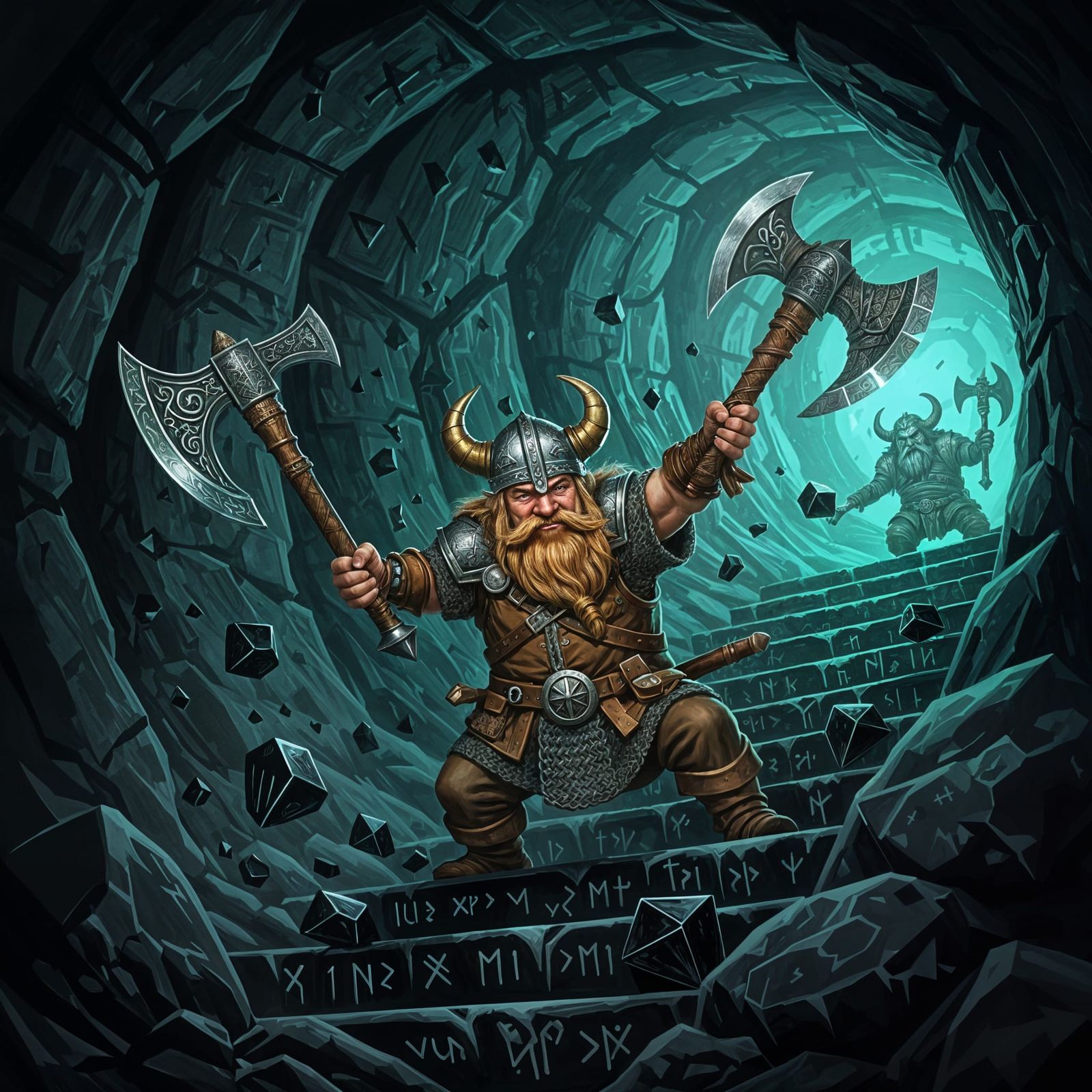 Dwarf Warrior Descends Mine Staircase in Fantasy Illustratio...