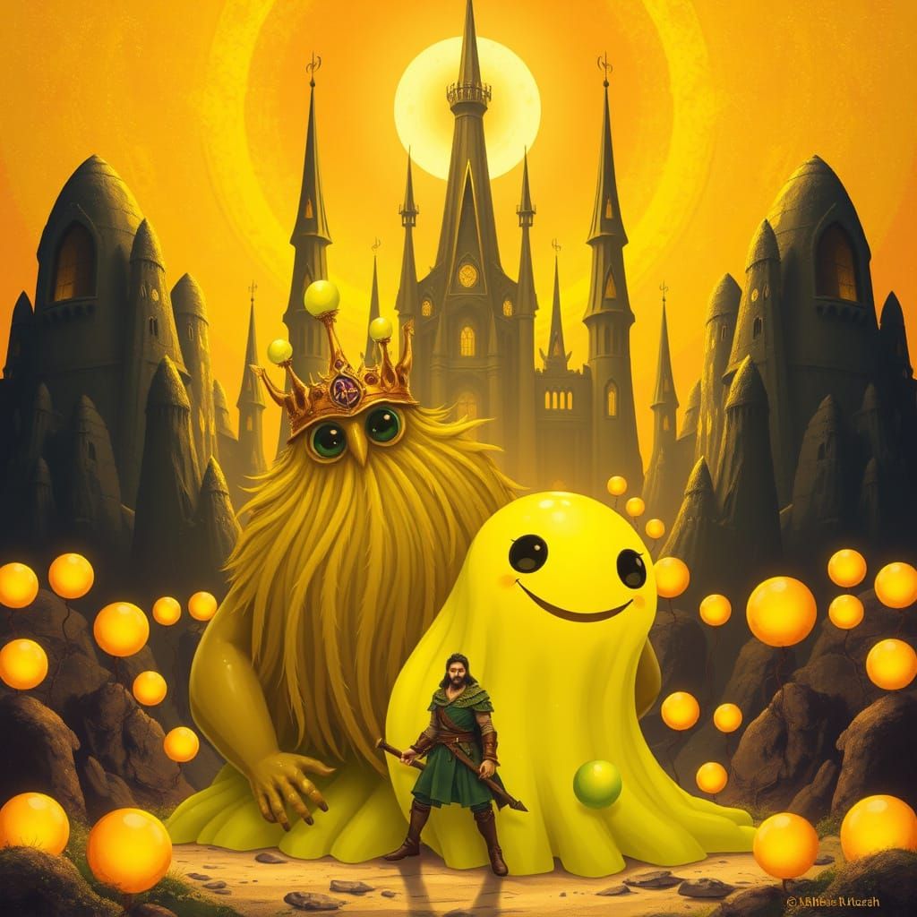 King Slime and Kentauros Holy Warrior in Whimsical Style