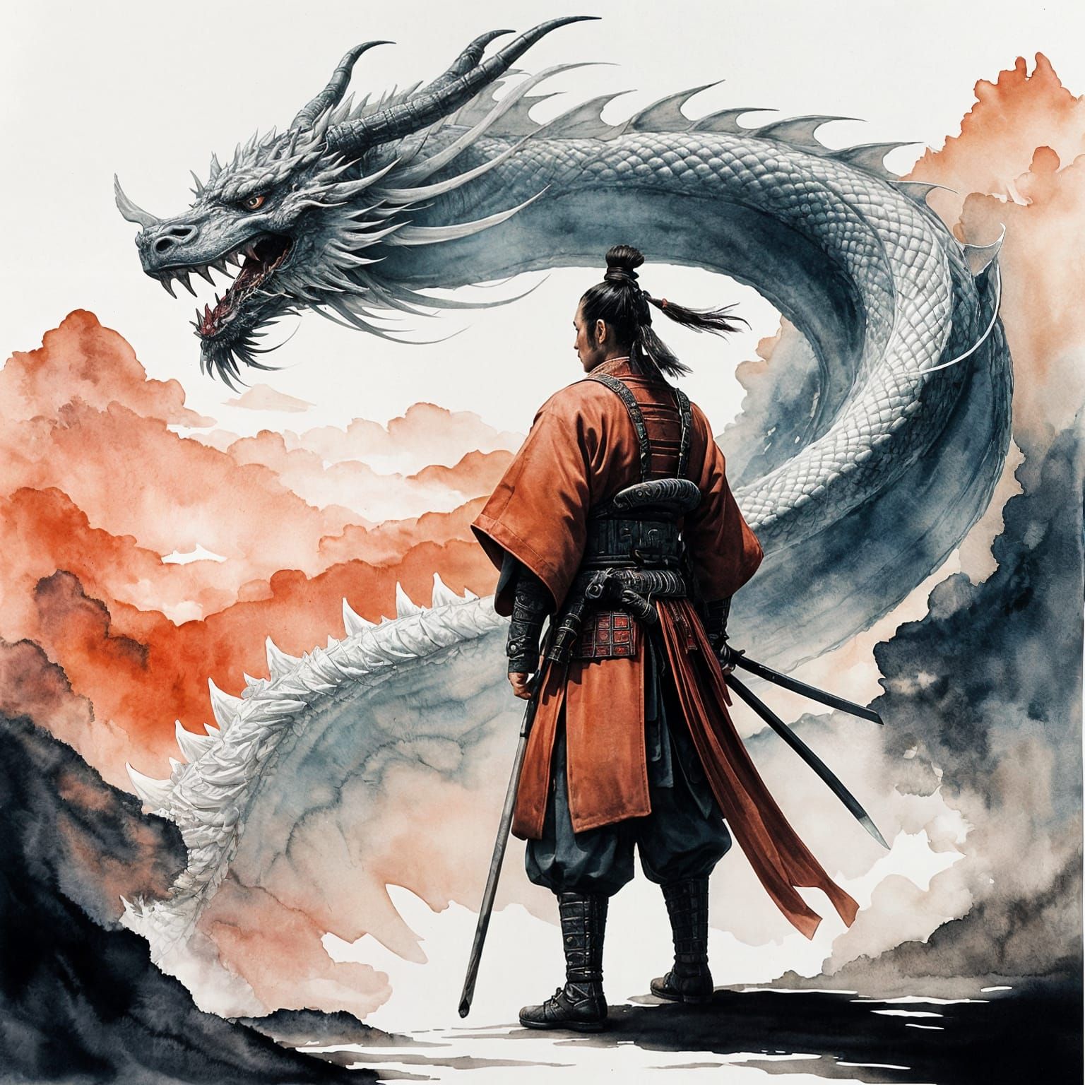 Samurai and Translucent Dragon in Watercolor Style