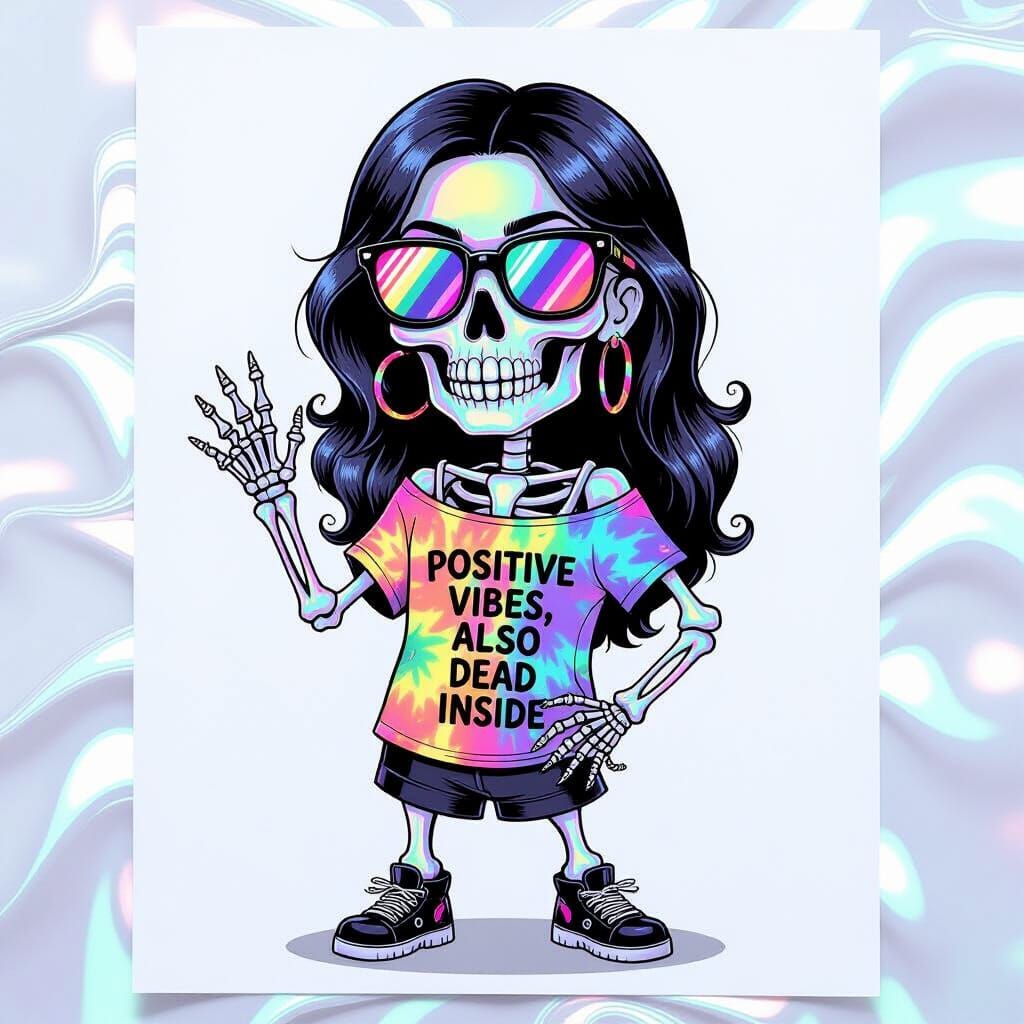 Cute Iridescent Skeleton with Pink Lenses in Watercolor Styl...