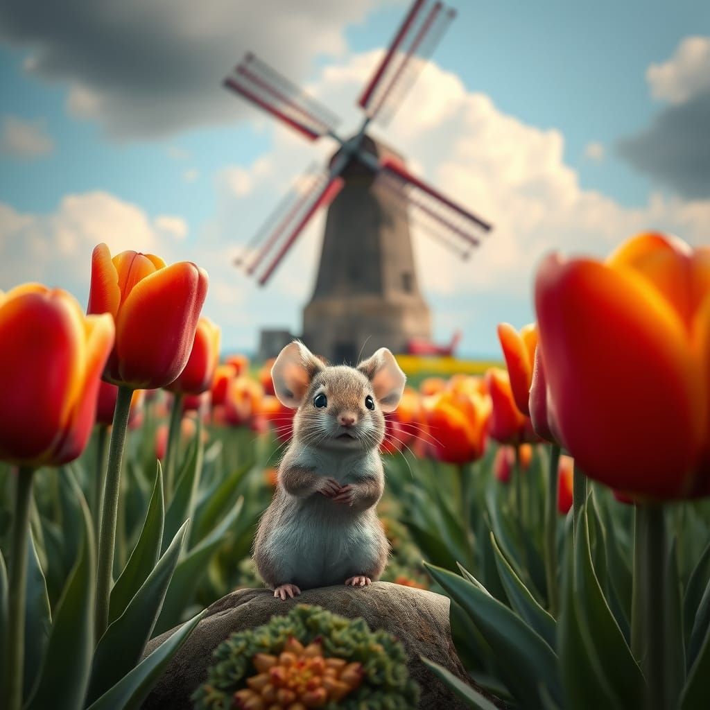 Whimsical Tulip Landscape with Windmill and Mouse in Traditi...