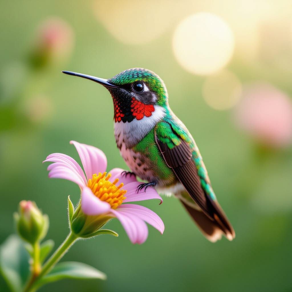 Bee Hummingbird on Flower Stem, Photorealistic Digital Art