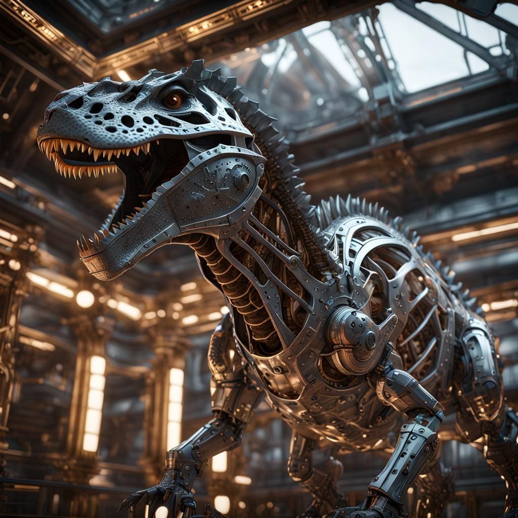Futuristic Iron T-Rex Statue in Glass Case