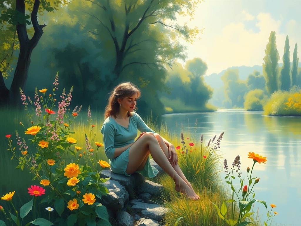 Impressionistic Woman by River in Monet Style