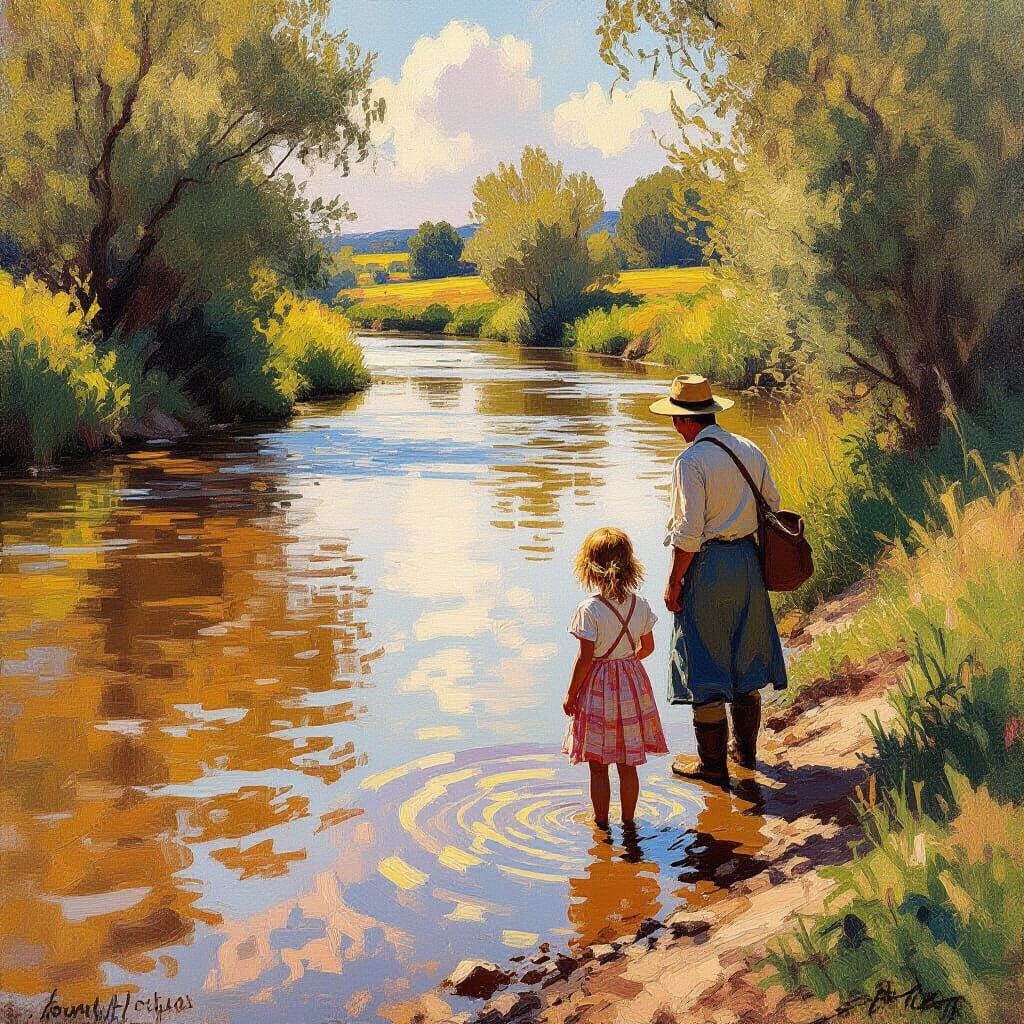 Impressionistic Oil Painting of Family by Muddy River