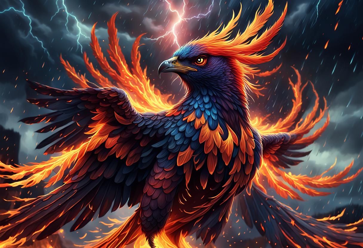 Fiery Phoenix Spreads Wings in Stormy Night