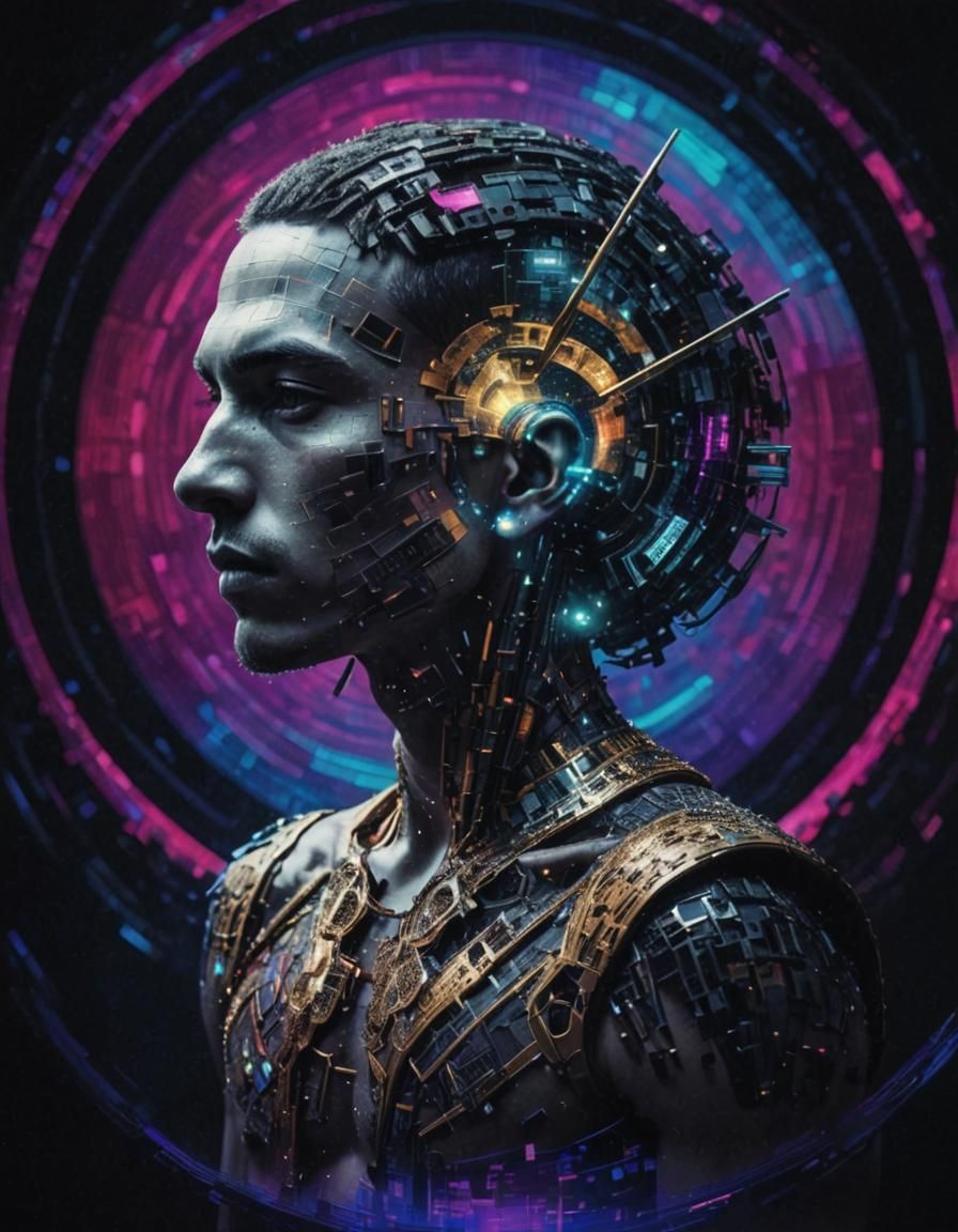 Glitched Neofuturistic Man in Surreal Landscape