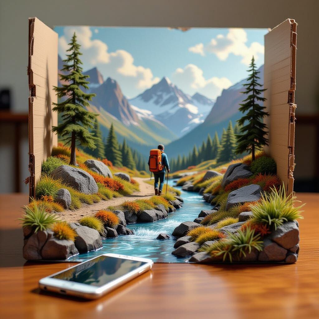 Detailed Diorama of Miniature Landscape with Hiker