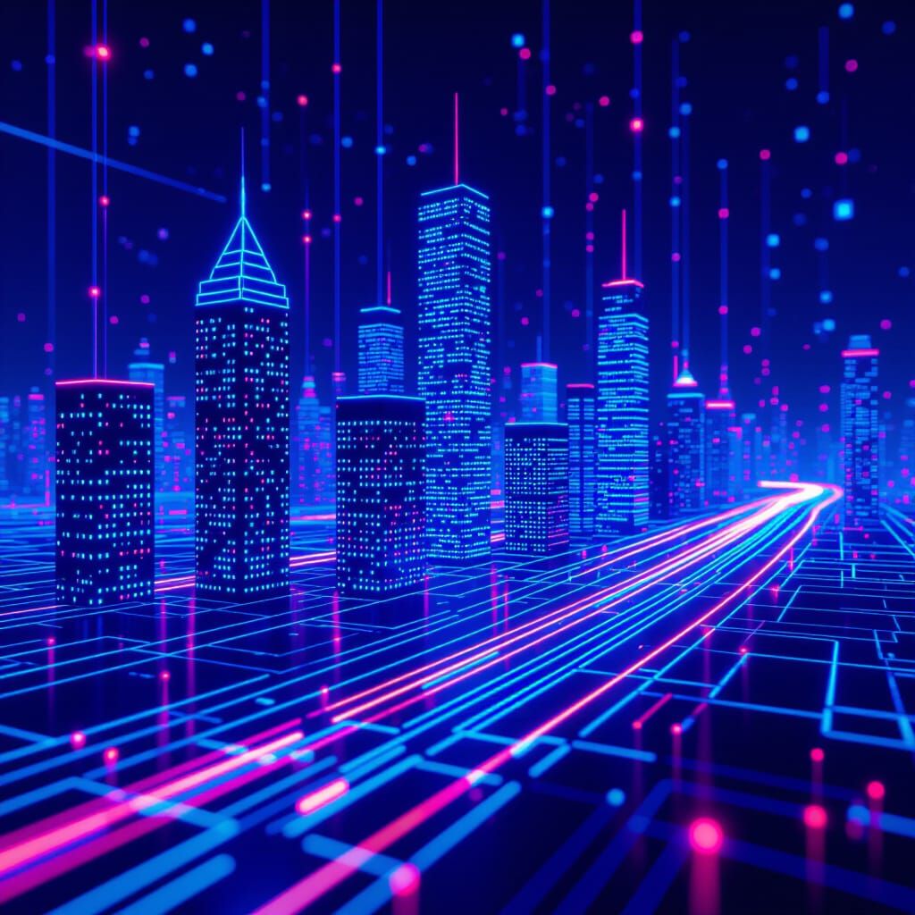 Futuristic Blockchain Cityscape with Neon Data Streams