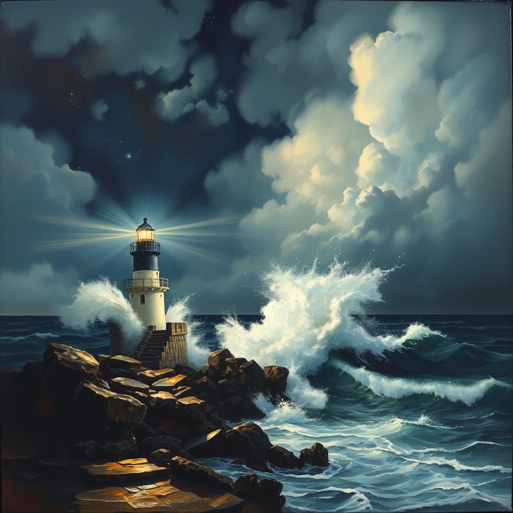 Lighthouse Under Stormy Starry Sky in Painterly Style
