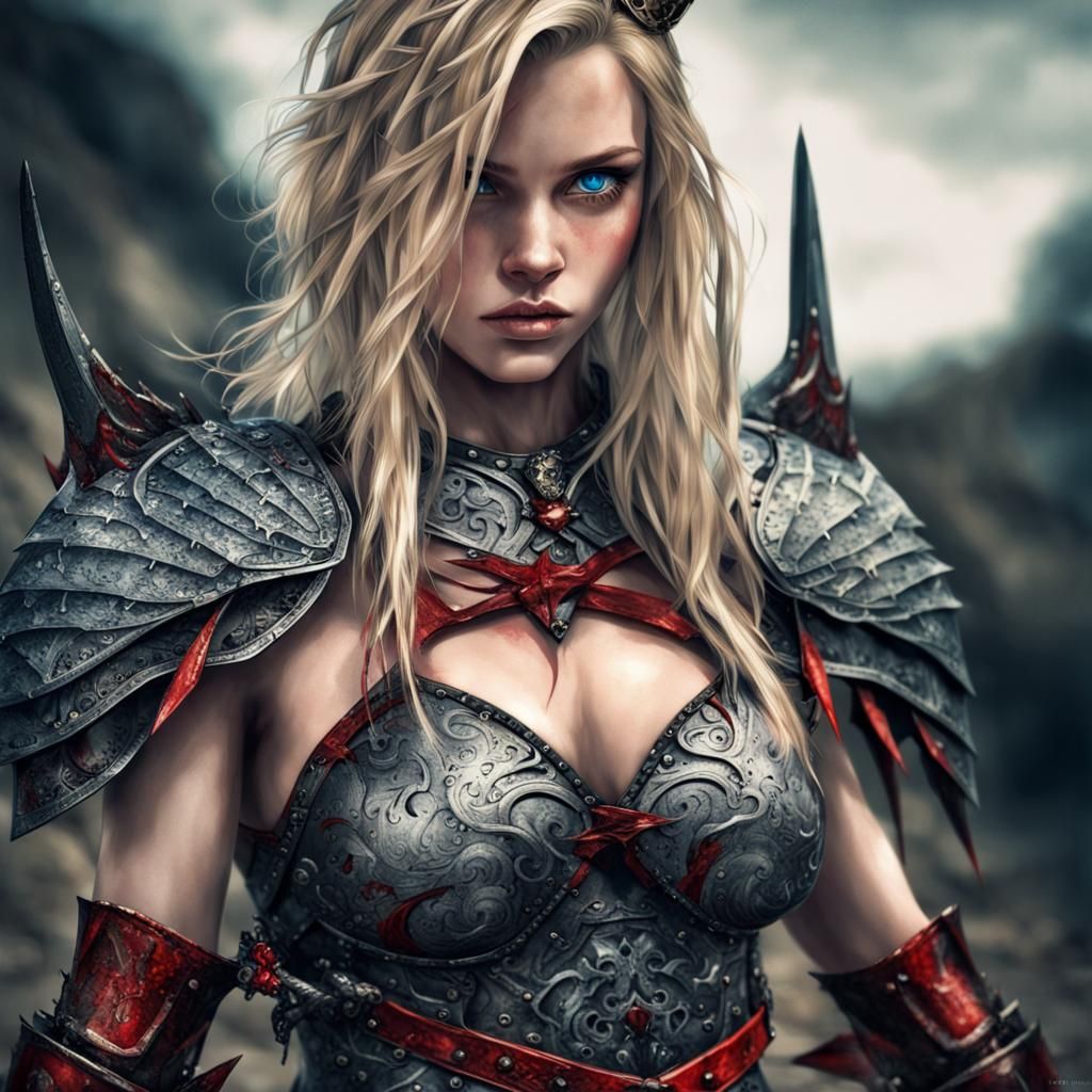 Warrior Woman with Bloody Sword and Black Wings