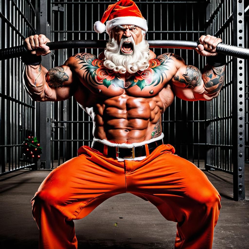 Muscular Tattooed Santa Claus Bench Pressing in Prison