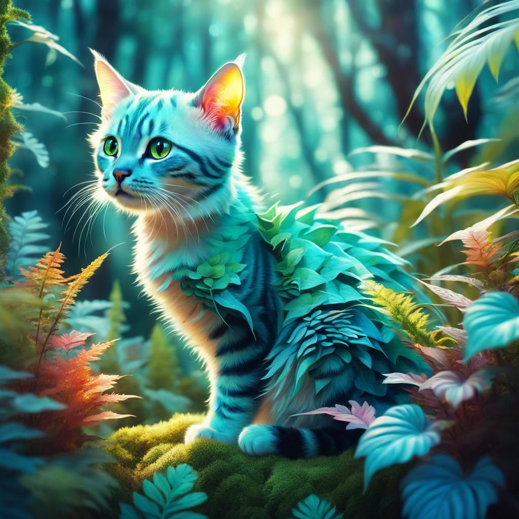 Dragon Cat in Forest of Surreal Light Plants