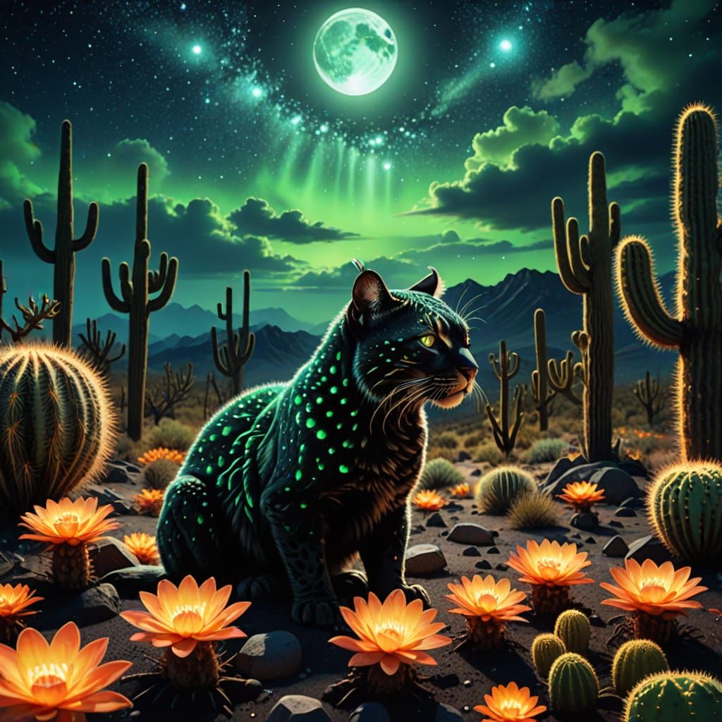 Pantheraxus in Dreamlike Bloom Amid Desert Cacti