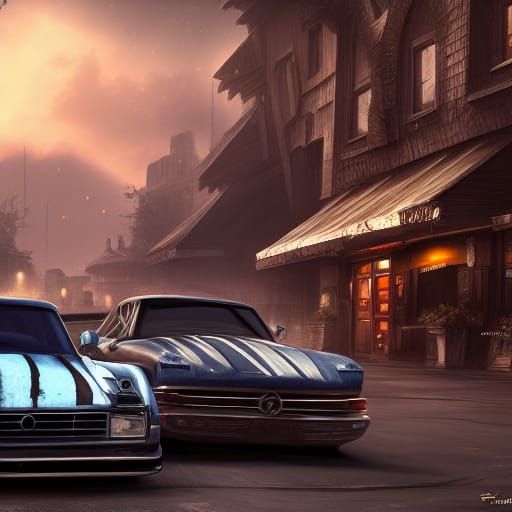 Parking Lot With Cool Cars: Detailed Matte Painting
