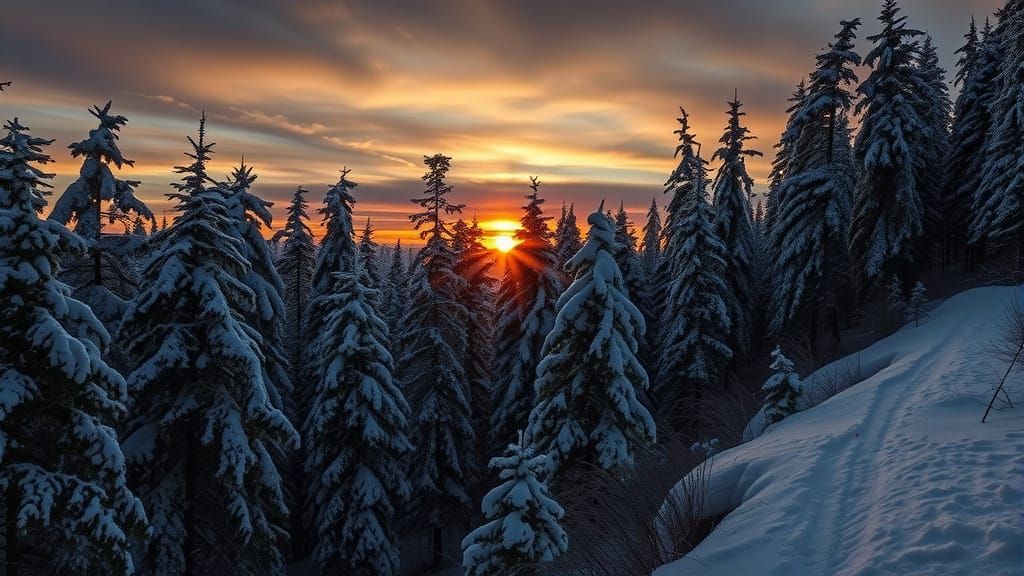 Winter Sunset in a Dark Forest