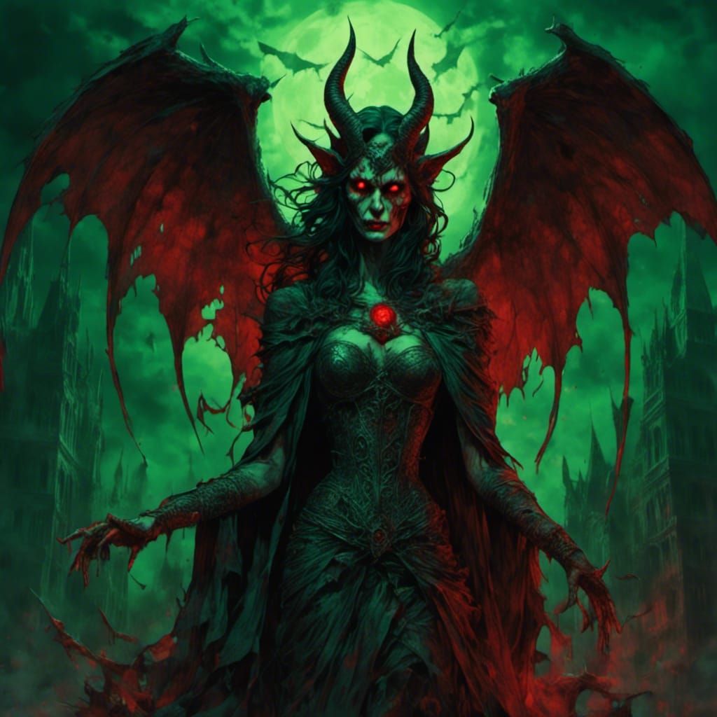 Zombie Woman Portrait with Devil Horns and Gargoyle Wings