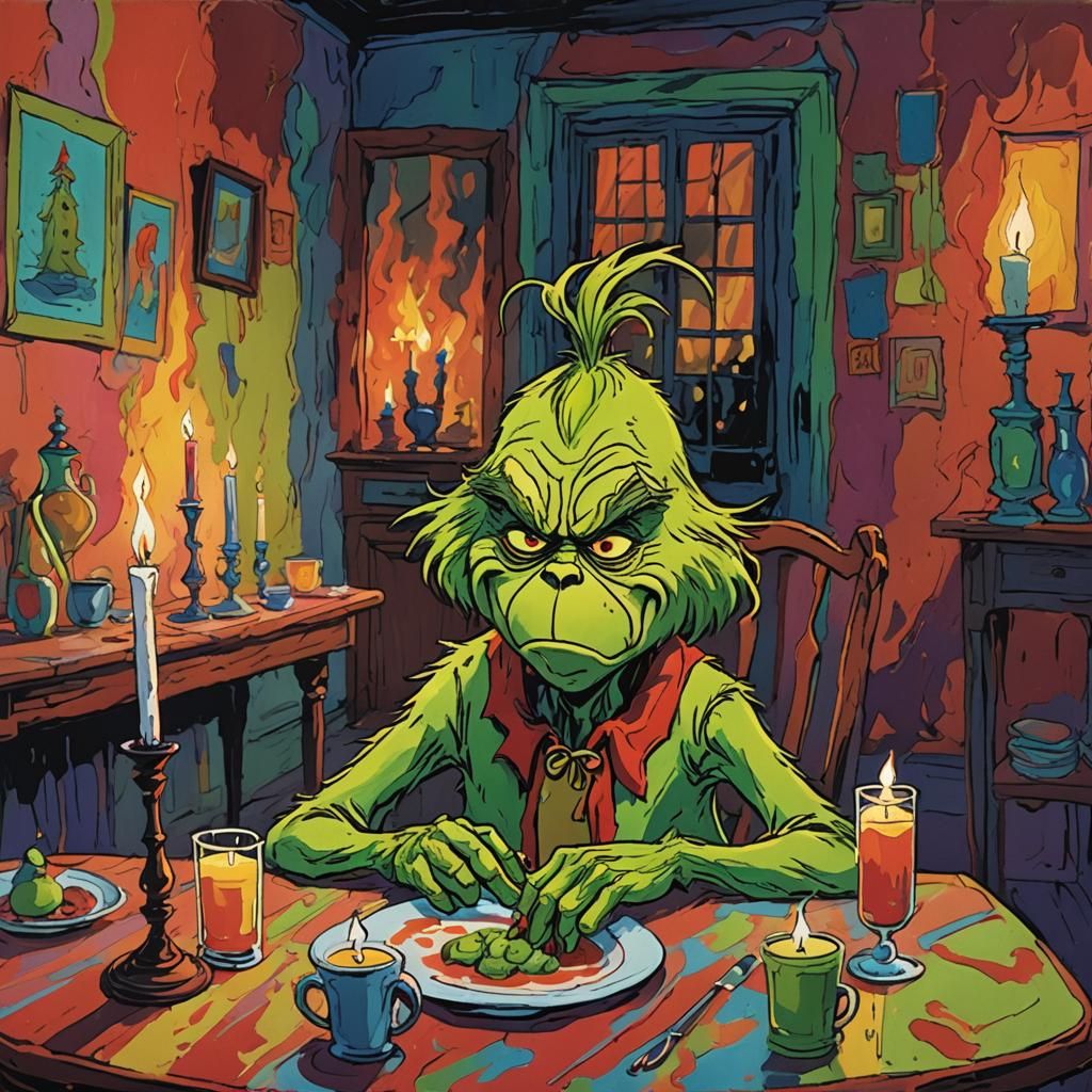 Fauvist Anime Grinch in Dimly Lit Room