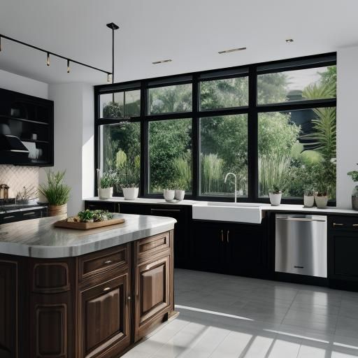 Luxurious Black Kitchen with Plants: Professional Photograph...