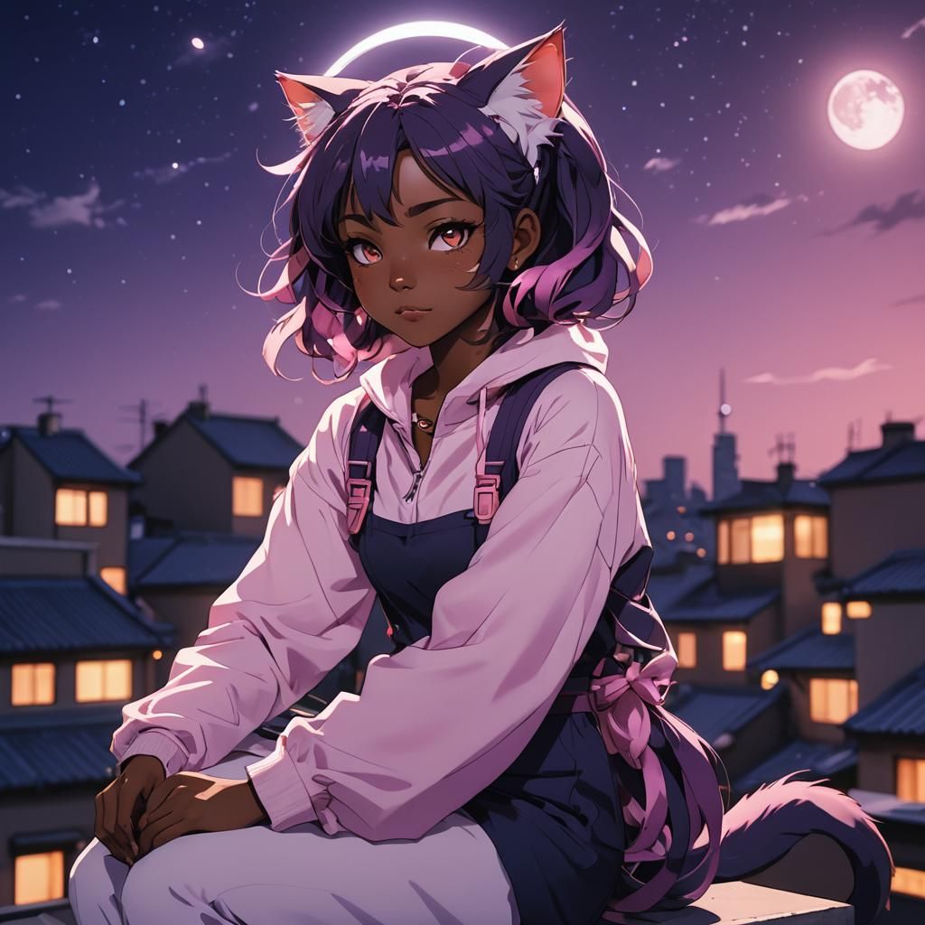 Anime Nekomata Girl on Moonlit Rooftop