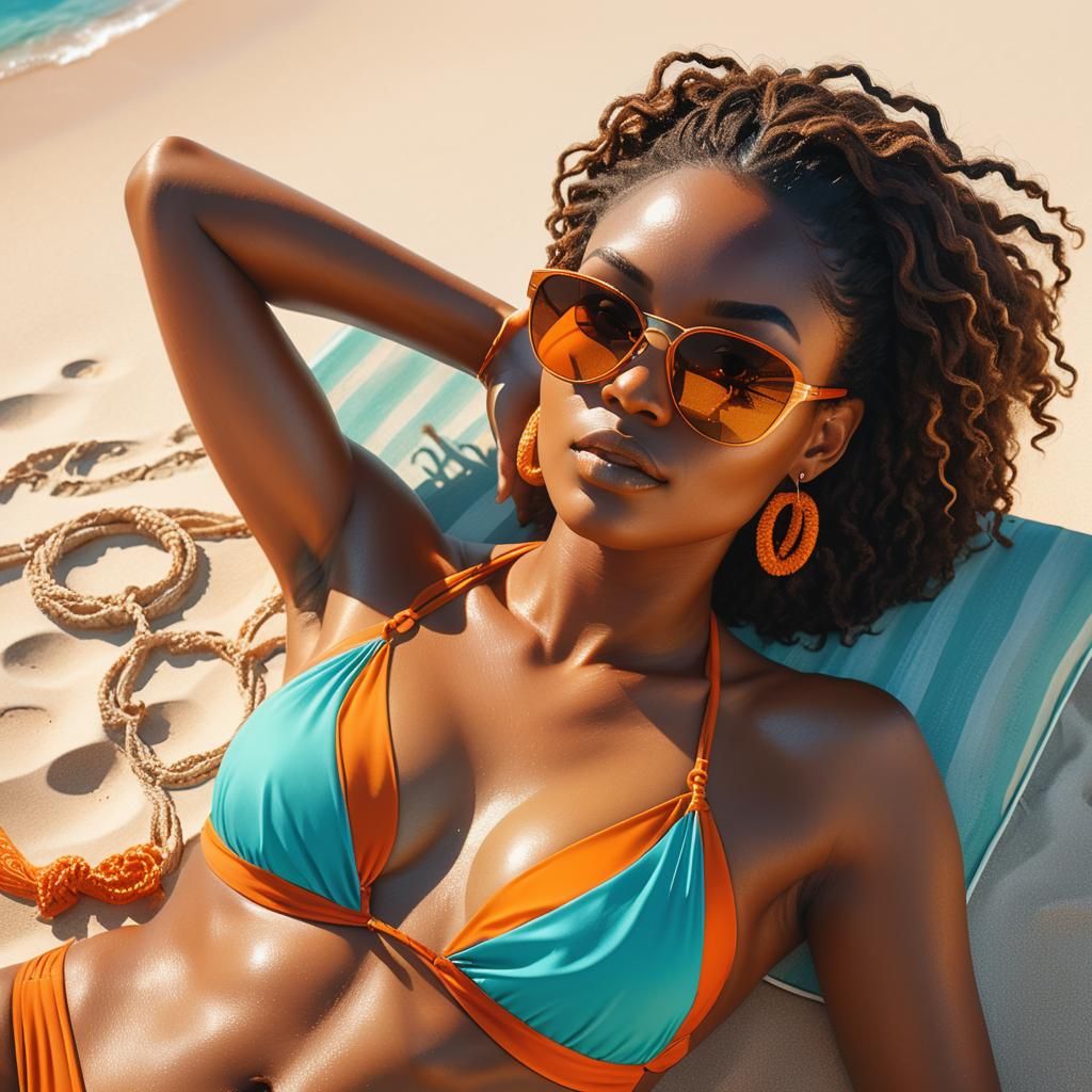 Black Woman on Sun-Drenched Beach in Hyperrealistic Style