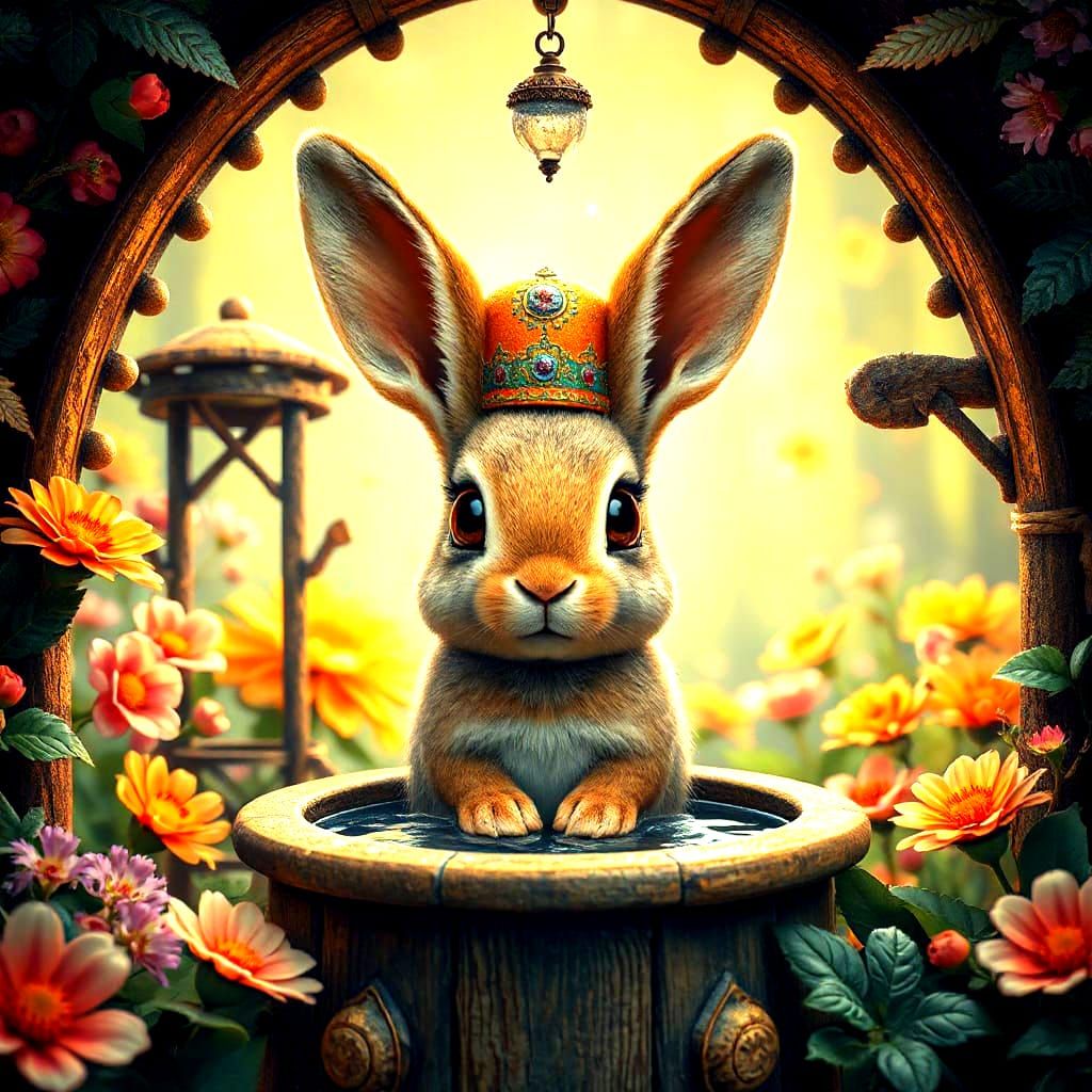 Hyper-Realistic Bunny in Wishing Well