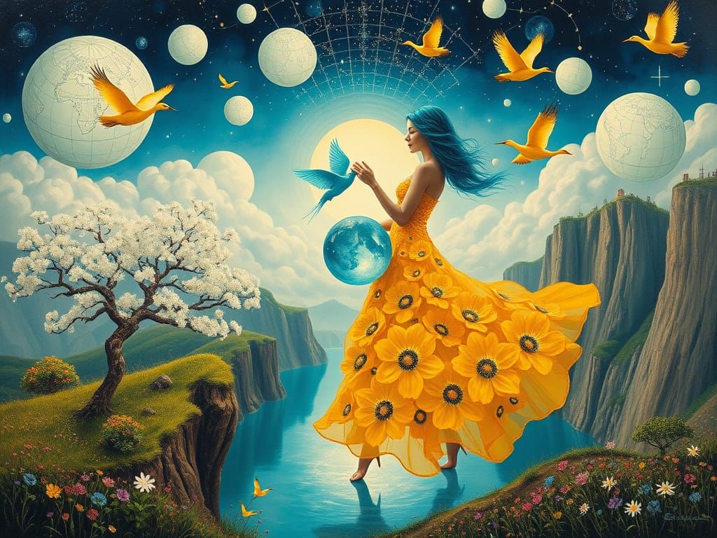 Ethereal Woman Dancing by Lake, Impasto Oil Painting